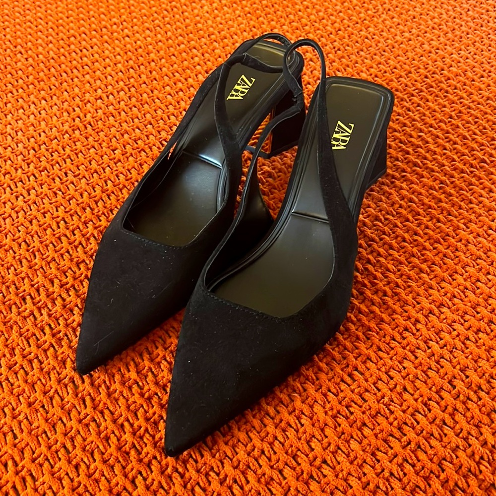 Zara black suede sling backs with gold plated heel